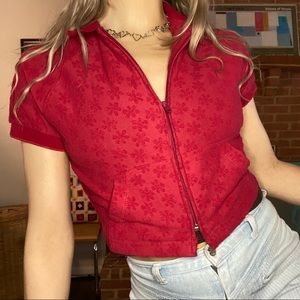 Vintage Y2K ESPRIT Zip Front Crop Terry Cloth Floral Texture Collared Sw…